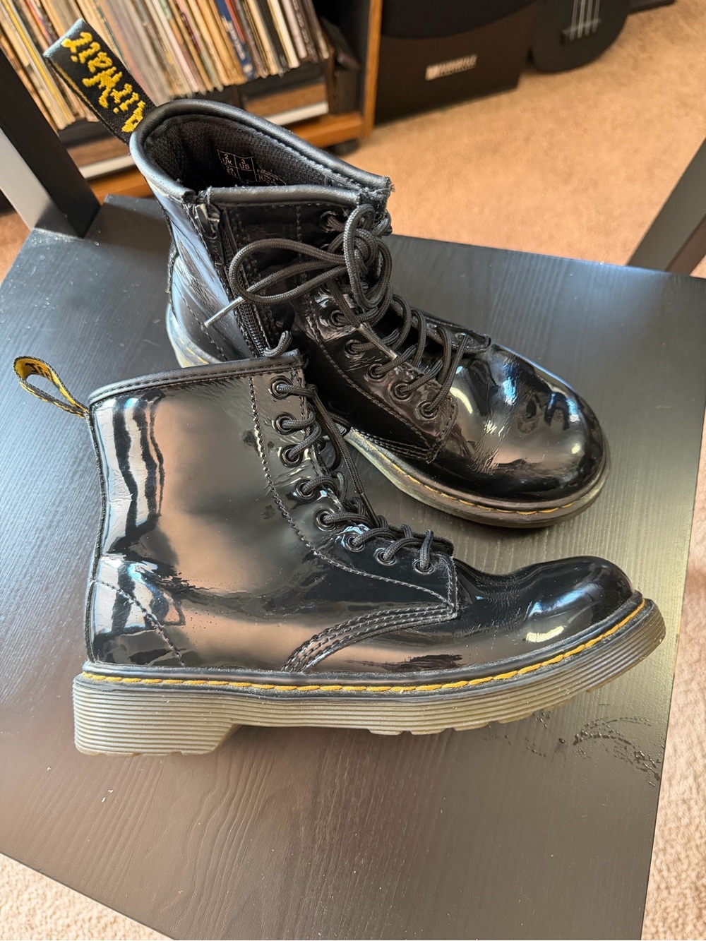 Kids Dr. Martens Black Patent Lace-Up Ankle Boots with Yellow Stitching